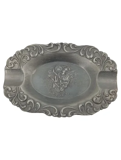 SKS DESIGN Vintage Aschenbecher Metall Silber Oval Blumenmuster