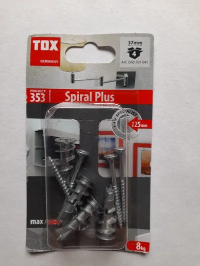 TOX Spiral Plus Dübel 37mm 4 Stück Gipskarton Hohlraumdübel 8kg Tragkraft