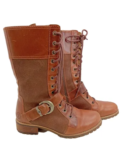 Timberland Damen Stiefel Gr. 37,5 Leder Schnürstiefel Braun Schnalle