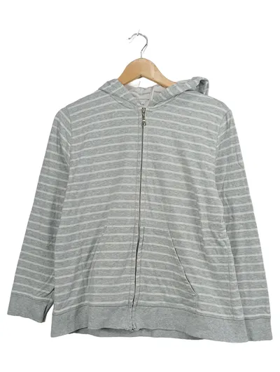 Peter Hahn Sweatjacke Damen Kapuze Gestreift Grau Gr. 40 L Baumwolle