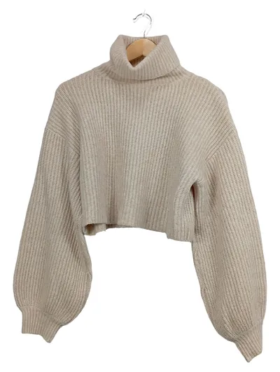 Monki Damen Pullover Rollkragen Cropped Rippstrick Beige Gr. 34/XS