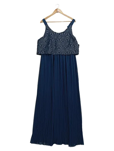 SAMOON Damen Maxikleid Gr. 44 Blau Spitze Plissee Festlich Elegant