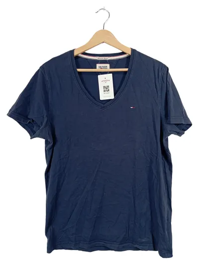 Hilfiger Denim Herren T-Shirt V-Ausschnitt Blau Gr. L Baumwolle Basic