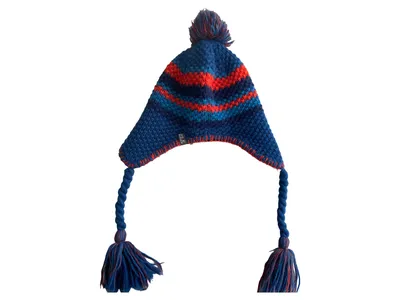 Jack Wolfskin Mütze Blau Gestreift Outdoor Strickmütze mit Bommel Ohrenklappen
