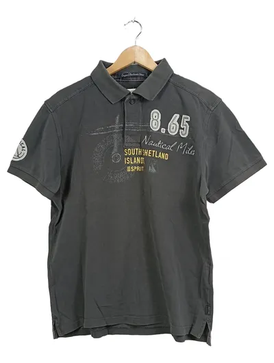 Esprit Poloshirt Herren Gr. L Grau Nautical Miles Maritime Stickerei