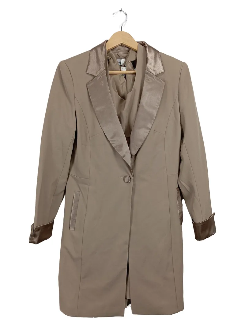 Ashley Brooke Damen Blazer Longblazer Gr. 38 Beige Satin-Details Elegant 1