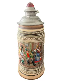 ALT-GRENZAU Bierkrug ORIGINAL-MODELL Keramik Zinn Deckel Traditionell Beige 27cm 1