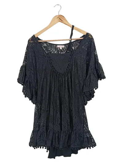 Ysabel Mora Damen Tunikakleid Spitze Schwarz Gr. S Bohemian Pompom