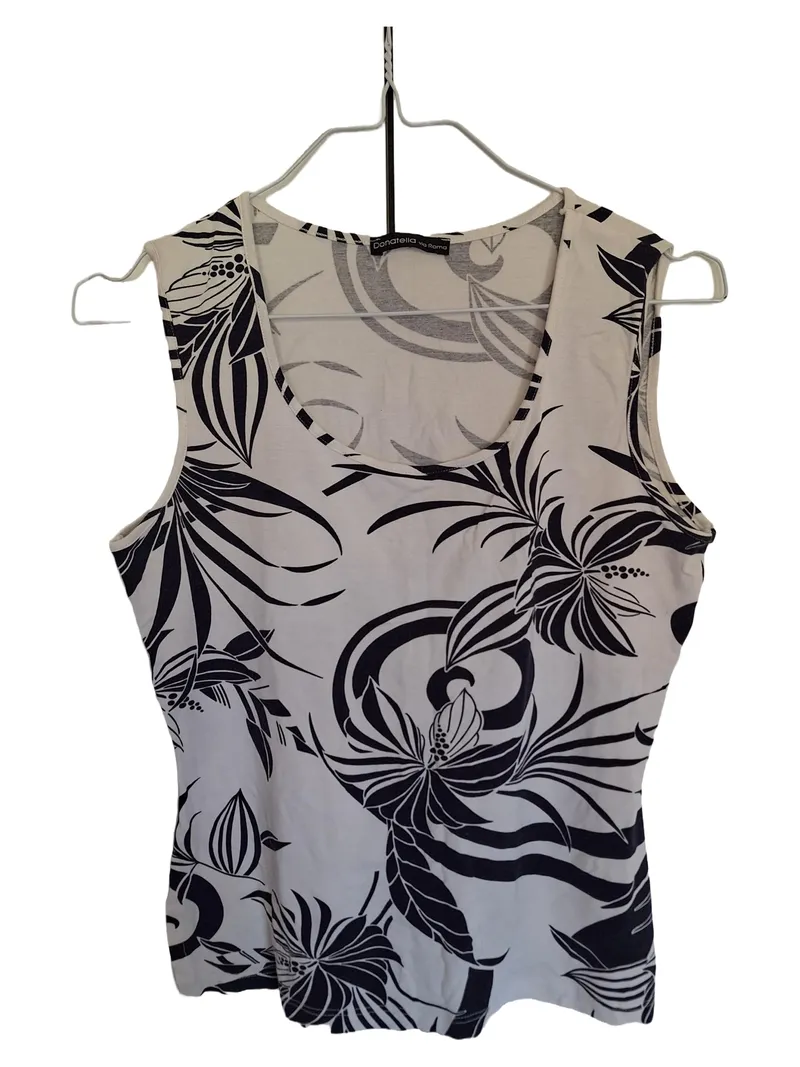 Donatella via Roma Damen Top Gr. 38 Weiß Schwarz Floral Ärmellos 1