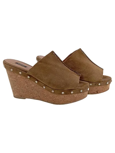 MANGO Keilabsatz Sandalen Damen Wedges Wildleder Nieten Gr. 38 Braun