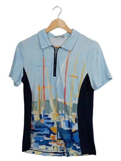 DOLCEZZA Poloshirt Damen Maritim Blau Gr. 38 M Kurzarm Viskose
