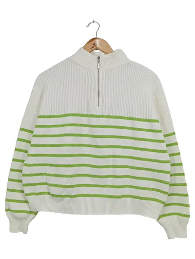 MANGO Damen Strickpullover Gr. 34/XS Weiß Gestreift Half-Zip Casual