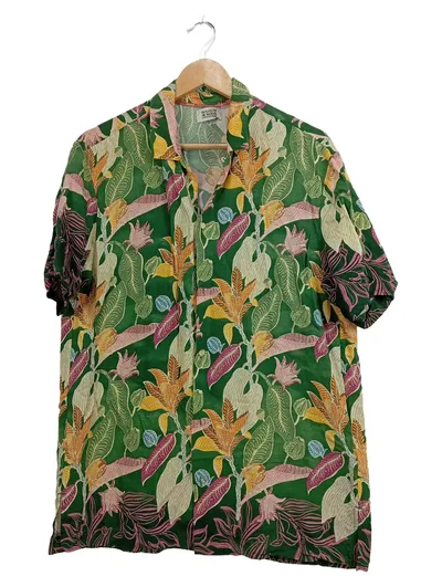 Scotch & Soda Herren Freizeithemd Gr. L/40 Grün Tropisch Kurzarm Viskose