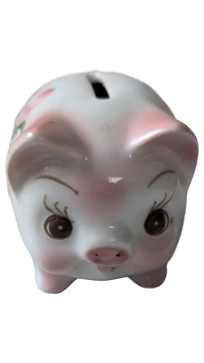 Böckling Spardose Schwein Vintage Keramik Weiß Florales Muster Sparschwein