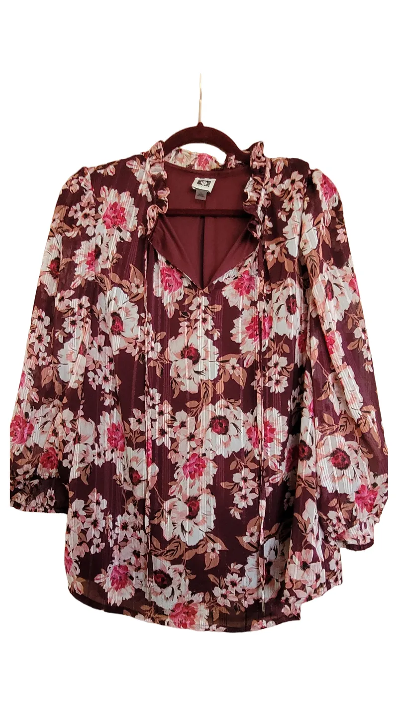 Anne Klein Damen Bluse 40/L Rot Florales Muster Feminin 1