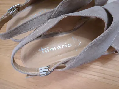 Tamaris Damen Keilabsatz Sandalen Gr. 37 Beige Wildleder Slingback