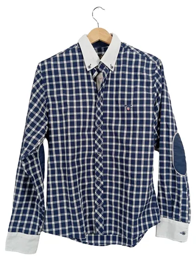 Bolf Herren Freizeithemd kariert Ellbogen-Patches Blau Weiß Gr. S