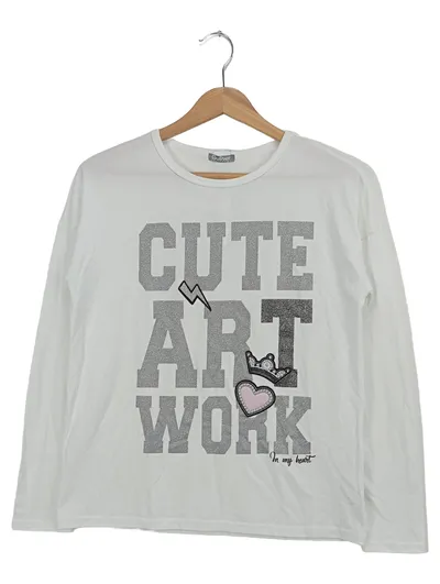 GULLIVER Langarmshirt Damen 42/XL Weiß Cute Art Work Reißverschluss
