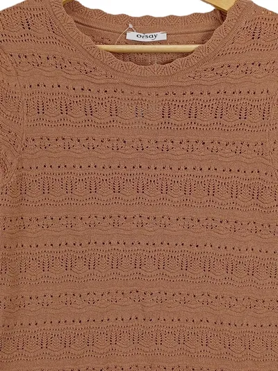 ORSAY Damen Pullover Strickshirt Kurzarm Lochmuster Häkeloptik Braun Gr. 36 S