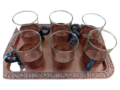 Simax Servierset Vintage Tassen Set Glas Kupfer Tablett Braun 7-teilig