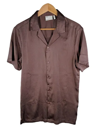 ASOS Design Herren Freizeithemd Kurzarm Braun Satin Gr. XS