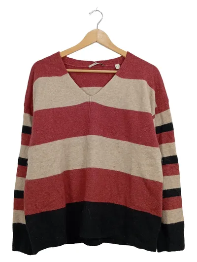 Esprit Damen Pullover V-Ausschnitt Gestreift Gr. L Rot Beige Schwarz