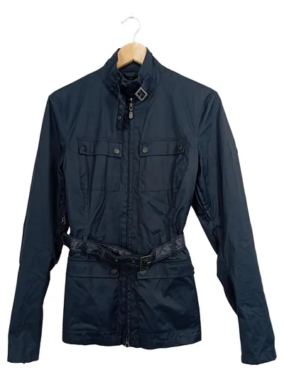 Belstaff Damen Motorradjacke Silver Label Gr. 44 Blau Baumwolle Gürtel