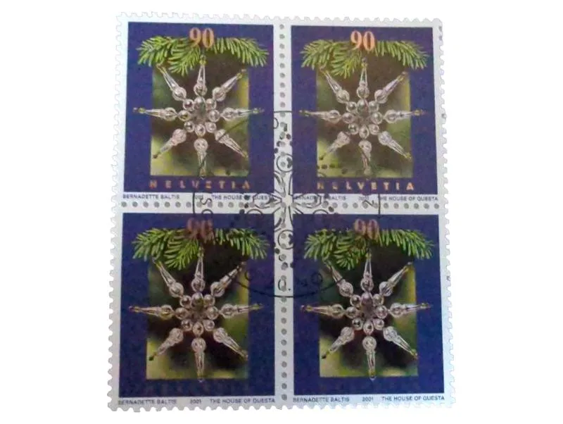 Schweiz Helvetia Briefmarke 90 Rappen Viererblock 2001 Weihnachten gestempelt 1