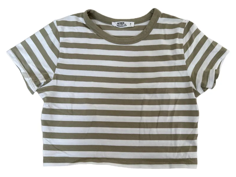 Cotton On Damen T-Shirt 36/S Oliv gestreift Casual Micro Crop Tee 1