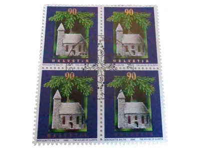 Swiss Post Briefmarke Helvetia Bernadette Baltis 2002 Blau Gebäude