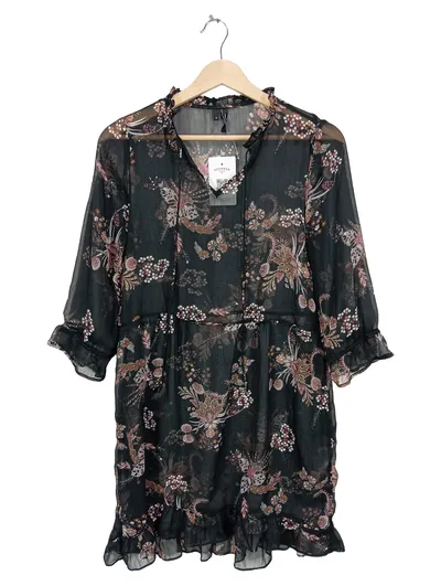 VERO MODA Damen Sommerkleid Chiffon Blumenmuster Rüschen Gr. XS Schwarz