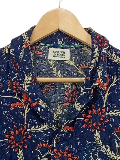 Scotch & Soda Herren Freizeithemd Kurzarm Blumen Gr. L/40 Blau Viskose