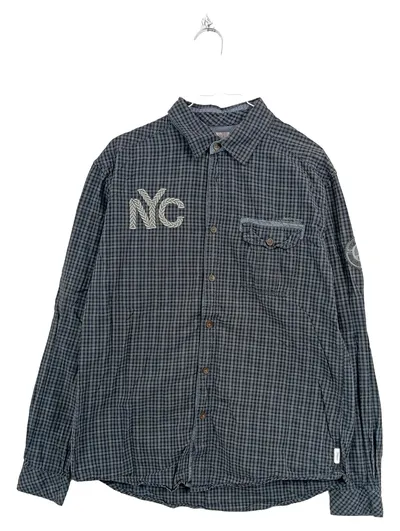 Esprit Herren Freizeithemd Gr. L kariert grau NYC Stickerei Baumwolle