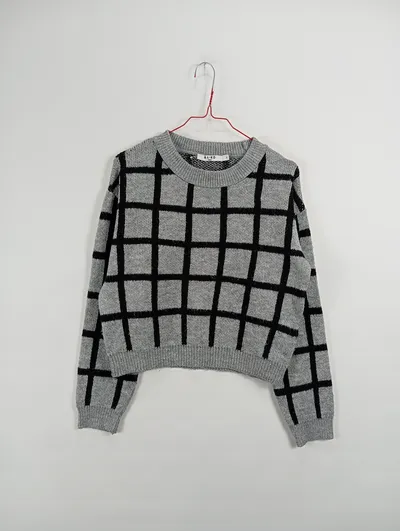 NA-KD Damen Pullover Kariert Rippstrick Cropped Strick S 36 Grau