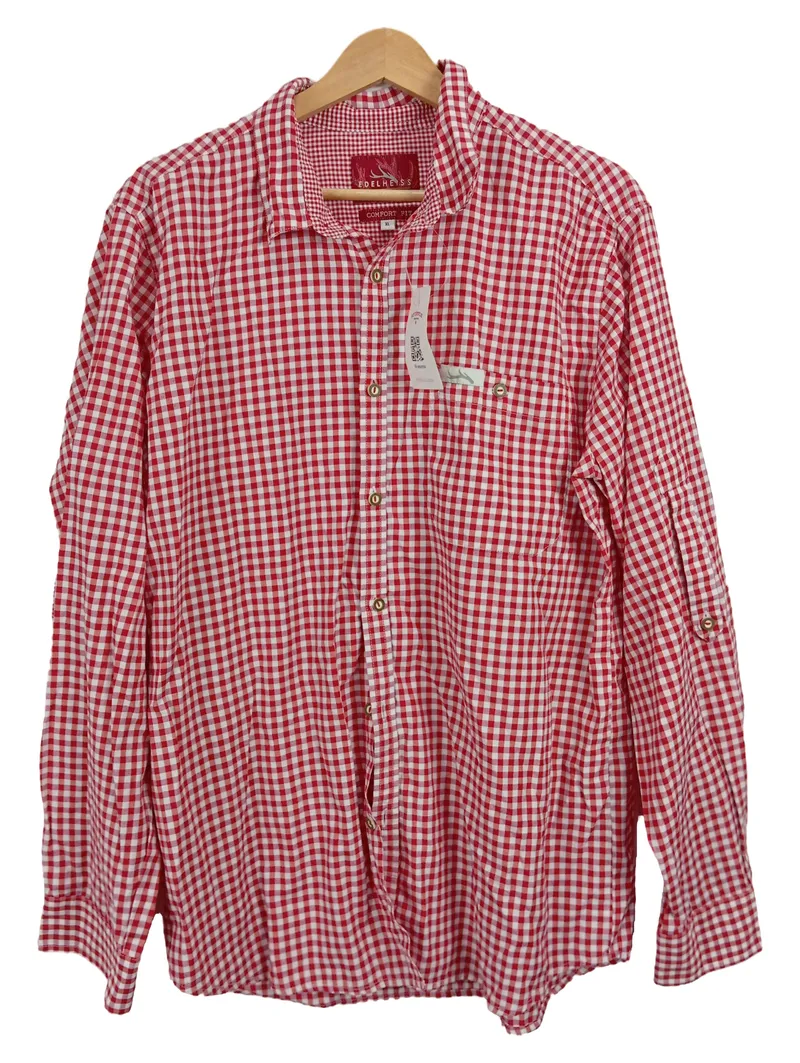 Edelheiss Trachtenhemd Herren Karohemd Rot Gr. 42/XL Langarm Stickerei Hirsch 1