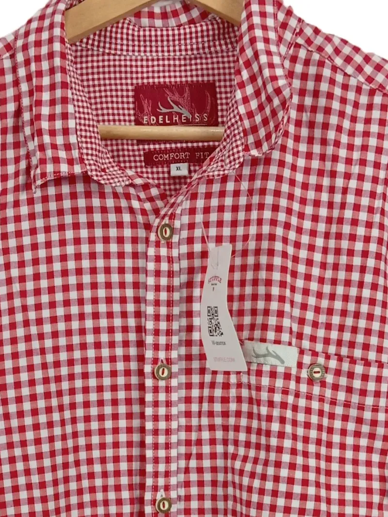 Edelheiss Trachtenhemd Herren Karohemd Rot Gr. 42/XL Langarm Stickerei Hirsch 2