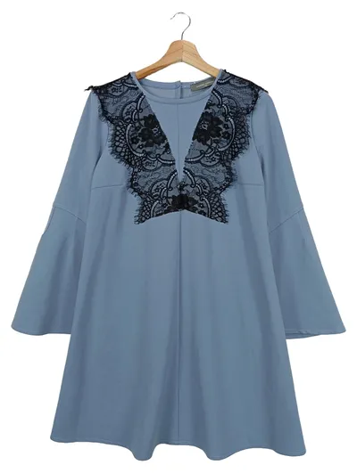SANDRO FERRONE Damen Spitzenkleid Gr. 46/3XL Blau Elegant Vintage Langarm
