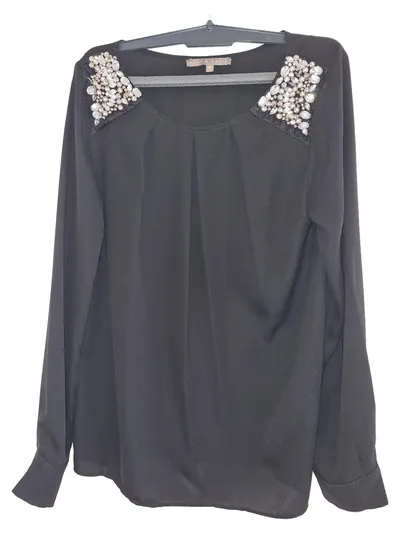 mint&berry Damen Bluse Oberteil Schwarz Gr. 38 Elegant Langarm Perlen Strass