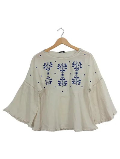 Mango Damen Bluse Stickerei Bohemian Gr. 38/M Beige
