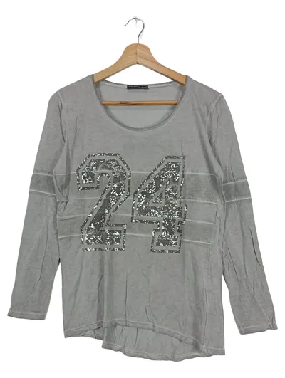 CPM Damen Langarmshirt Grau Gr. 38/M Grafik Glitzer Viskose Basic