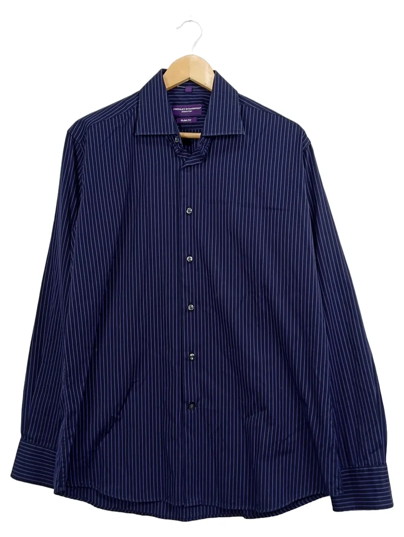 Finshley & Harding Herren Business Hemd Slim Fit Gr. 41 Blau Gestreift Bügelfrei 1