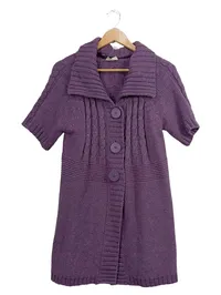 CANDA Damen Strickjacke Gr. 42 Lila Kurzarm Zopfmuster Cardigan 1