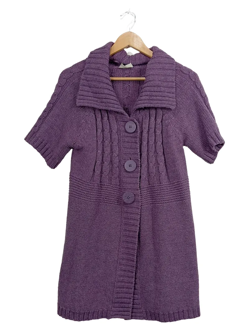 CANDA Damen Strickjacke Gr. 42 Lila Kurzarm Zopfmuster Cardigan 1