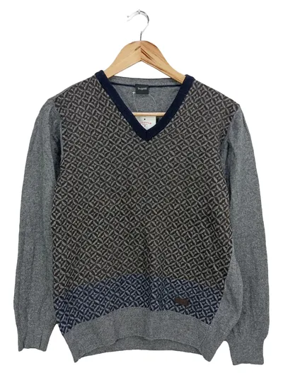 BUGATTI Herren Pullover Gr. 48/M Grau Casual Grafisches Muster V-Ausschnitt