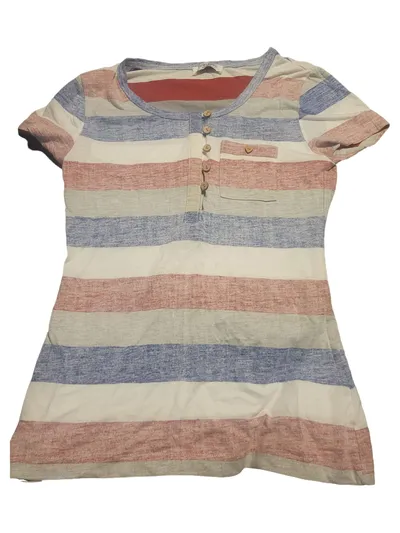 Sublevel Damen T-Shirt Gestreift mit Knöpfen Gr. 38/M Casual Kurzarm