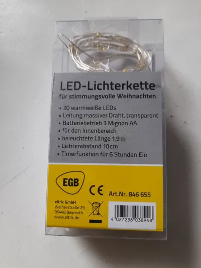 EGB LED Lichterkette Gold warmweiß 1,9m Batterie Weihnachten Deko