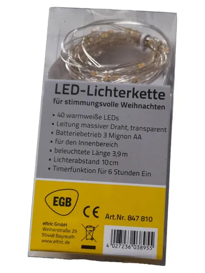 EGB LED Lichterkette Weihnachten 40 warmweiße LEDs 3,9m Länge Batteriebetrieb