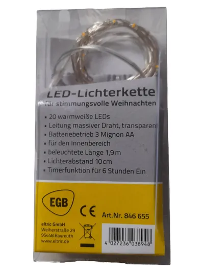 EGB LED Lichterkette Gold 1,9m Weihnachten Batteriebetrieb Timer Innenbereich