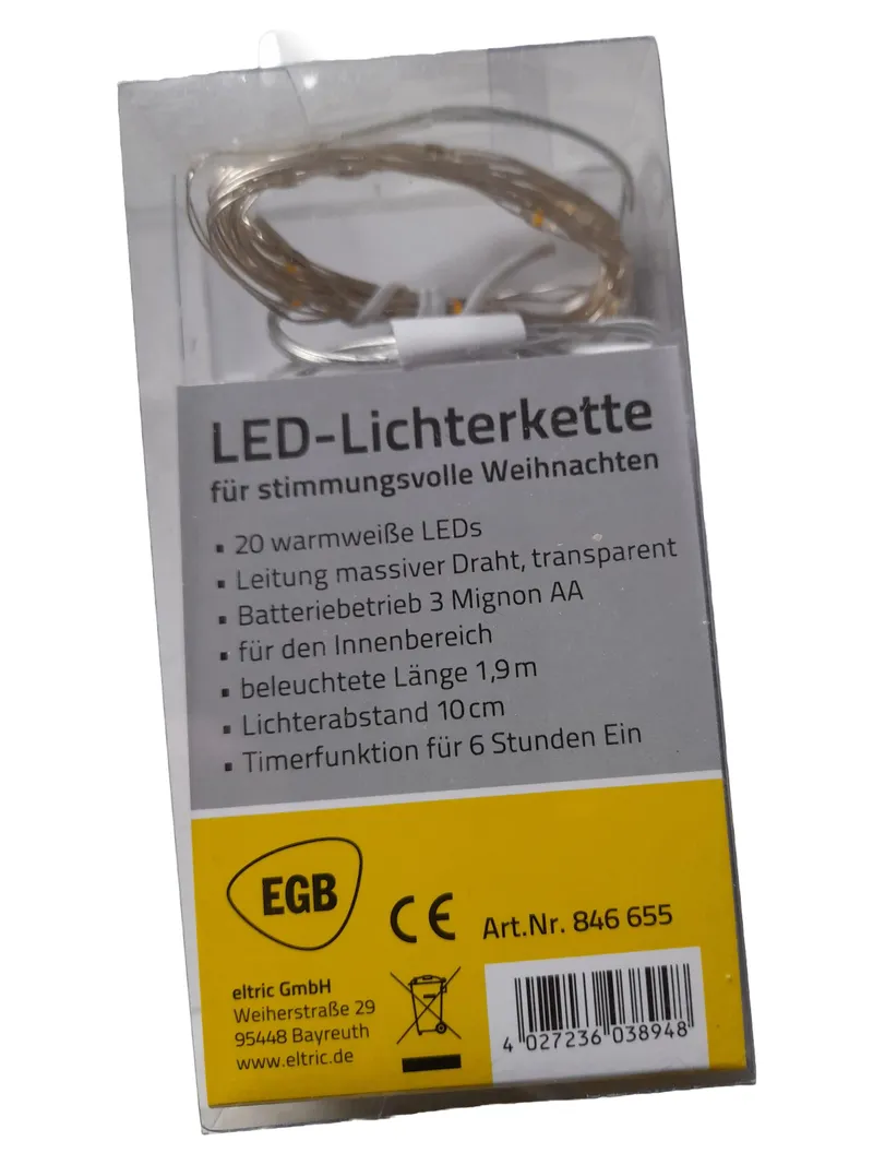 EGB LED Lichterkette warmweiß 1,9m Batterie Weihnachten Innenbereich 1