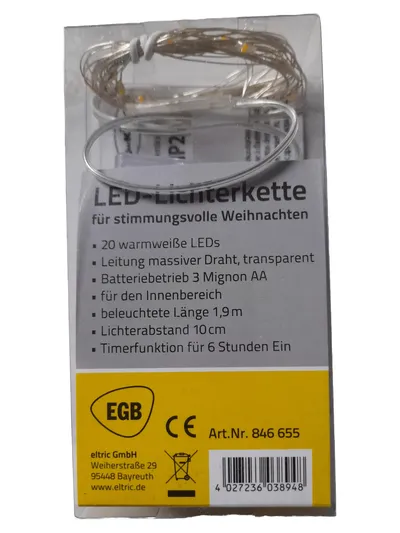 EGB LED Lichterkette Weihnachten 20 warmweiße LEDs 1,9m Länge Batteriebetrieb